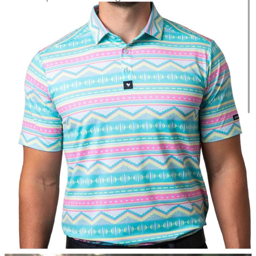 BAD BIRDIE SALTY SAVAGE GOLF POLO SHIRT SMALL‎ AZTEC TROPICAL